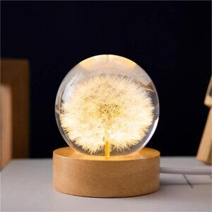 Flower Crystal Ball Night Light,2.4 inch Glass Ball Night Lamp with Woodern